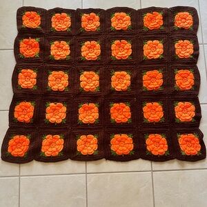 Vintage Handmade 3D Floral Crochet Blanket - Retro Orange and Brown